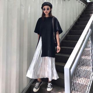 Set: Elbow-sleeve Long T-shirt + Pleated Midi Skirt