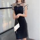 Cap-sleeve Dotted Panel Sheath Dress