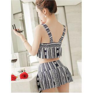 Set: Patterned Bikini Top + Swim Skirt + Lace Cover-up Top