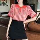 Short-sleeve Contrast Trim Houndstooth Knit Polo Shirt