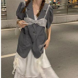 Elbow-sleeve Single-breasted Blazer / Bow Camisole Top / Lace Midi A-line Skirt