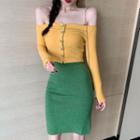 Long-sleeve Off-shoulder Buttoned Knit Top / Fitted Knit Skirt
