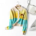 Collar Color Block Cardigan Yellow - One Size
