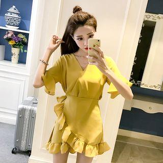 V-neck Elbow-sleeve Minidress