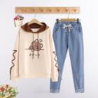 Print Hoodie / Drawstring Harem Jeans / Set