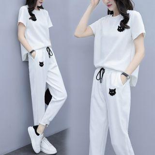 Set: Short-sleeve Cat Embroidered T-shirt + Cropped Harem Pants