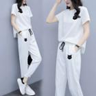 Set: Short-sleeve Cat Embroidered T-shirt + Cropped Harem Pants