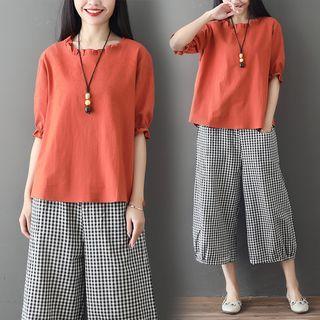 Set: Short-sleeve Blouse + Plaid Wide Leg Pants