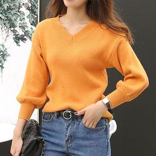 V-neck Puff-sleeve Rib-knit Sweater