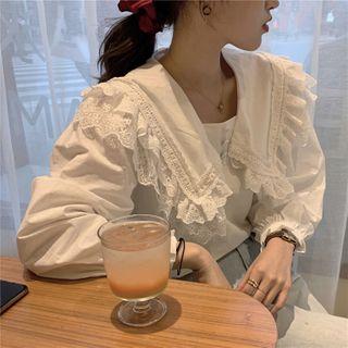 Lace Trim Plain Blouse White - One Size