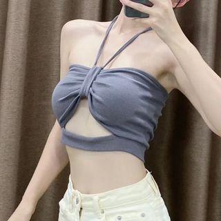 Halter-neck Cutout Ruched Tube Crop Top