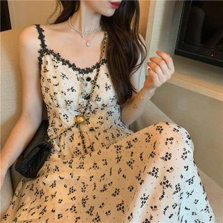 Puff-sleeve Floral Print Blouse / Overall Dress / Cardigan