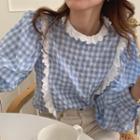 Puff-sleeve Lace Trim Gingham Blouse Blue - One Size