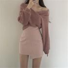 Cropped Off-shoulder Sweater / Irregular Mini Pencil Skirt