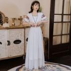 Short-sleeve Embroidered Frill Trim Midi A-line Dress