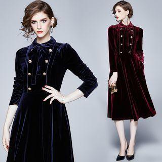 Velvet Long-sleeve Midi A-line Dress With Sash