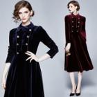 Velvet Long-sleeve Midi A-line Dress With Sash