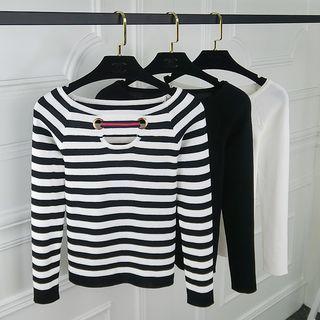 Plain / Striped Long-sleeve Cut-out Knit Top