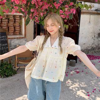 Puff-sleeve Dotted Blouse / Plaid Shirt