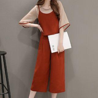 Set: Spaghetti Strap Top + Elbow-sleeve Top + Wide-leg Cropped Pants