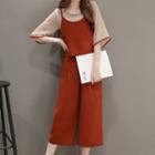 Set: Spaghetti Strap Top + Elbow-sleeve Top + Wide-leg Cropped Pants