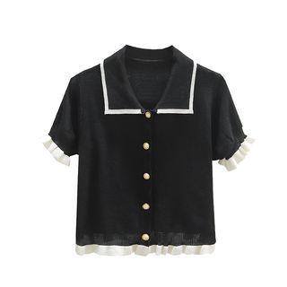 Short-sleeve Ruffle Trim Knit Crop Top Black - One Size