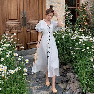 Bell-sleeve Contrast Trim Midi A-line Dress