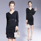 Long-sleeve Beaded V-neck Dress