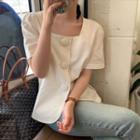 Short-sleeve Square-neck Button-up Blouse White - One Size