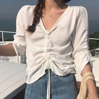 Plain Drawstring 3/4 Sleeve Top