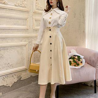 Collared Buttoned Blouse / Buttoned A-line Midi Skirt