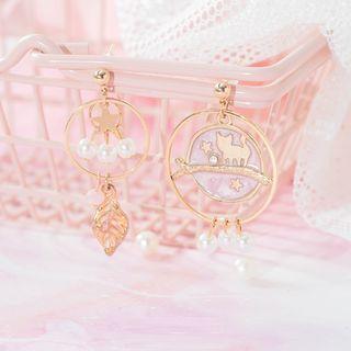 Non-matching Faux Pearl Alloy Cat & Leaf Dangle Earring