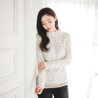 Long Sleeve Frill-neck Crochet-lace Top