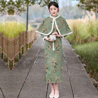 Set: Long-sleeve Flower Print Midi Qipao + Shawl