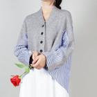 Striped Panel High-low Cardigan Stripe - Ash Gray & Blue & White - One Size