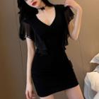 Set: Short-sleeve Plain Mini Dress + Choker