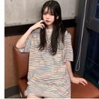 Striped Elbow-sleeve T-shirt Dress Stripes - Multicolor - One Size