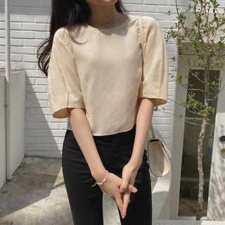 Keyhole-back Linen Blend Blouse Light Yellow - One Size