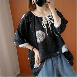Printed Elbow-sleeve Top Black - One Size