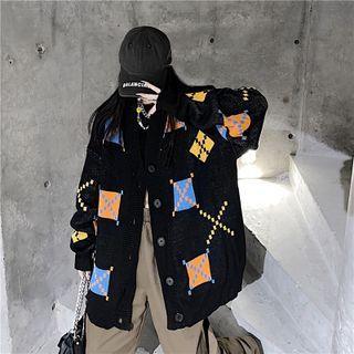 Argyle Chunky Cardigan Multicolor Print - Black - One Size