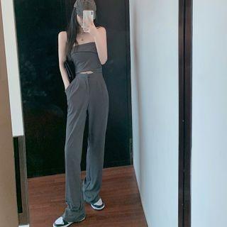 Plain Cropped Tube Top / High-waist Wide-leg Pants