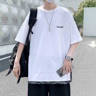 Elbow-sleeve Paisley Print Panel Lettering T-shirt