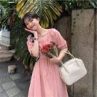 Short-sleeve Plain A-line Dress Pink - One Size