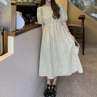 Floral Round-neck Puff-sleeve Dress As Shown In Figure - One Size