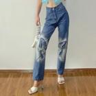High-waist Butterfly Print Washed Straight-fit Jeans