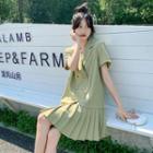 Short-sleeve V-neck Accordion Pleat Dress