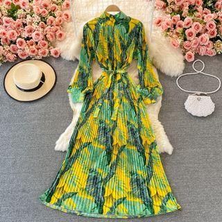 Long Sleeve Printed Pleated Maxi Dress