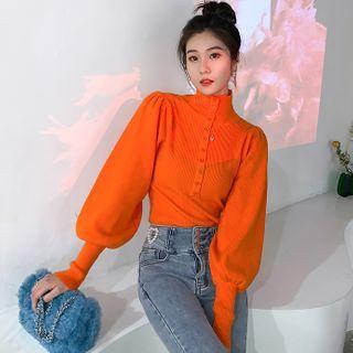 Puff-sleeve Mock-neck Henley Knit Top