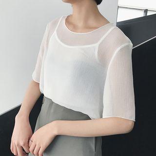 Set: Elbow-sleeve Chiffon Top + Camisole