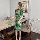 Puff-sleeve Patterned Sheath Dress